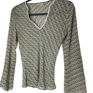 Max‎ Studio Womens Y2K Silk Bell Sleeve V Neck Top S Forest Fairy Whimsical Boho